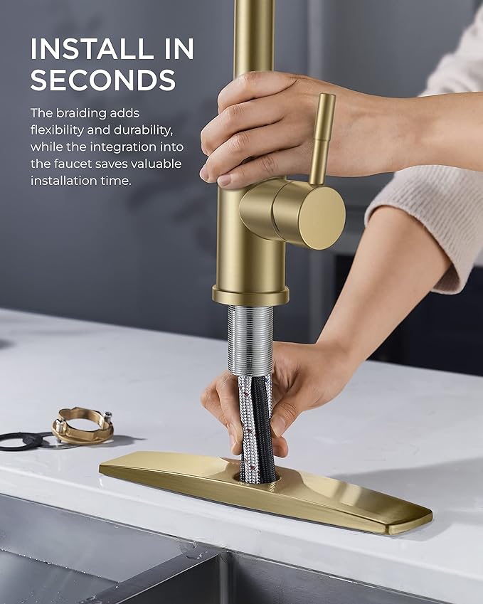 FORIOUS Gold Kitchen Faucet with Pull Down Sprayer, High Arc Single Handle Classic Stainless Steel Sink Faucet 1 or 3 Hole, Suitable for Farmhouse Camper Laundry Rv Bar