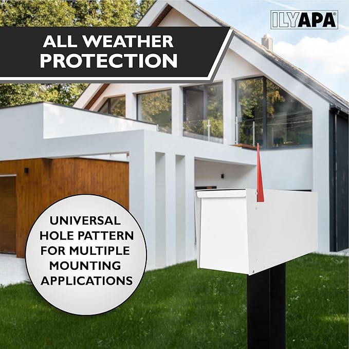 Ilyapa Modern Mailbox for Post Mount - White with White Door Powder Coated Steel, Waterproof Letter Box for Parcels, with Recessed Magnetic Close Door
