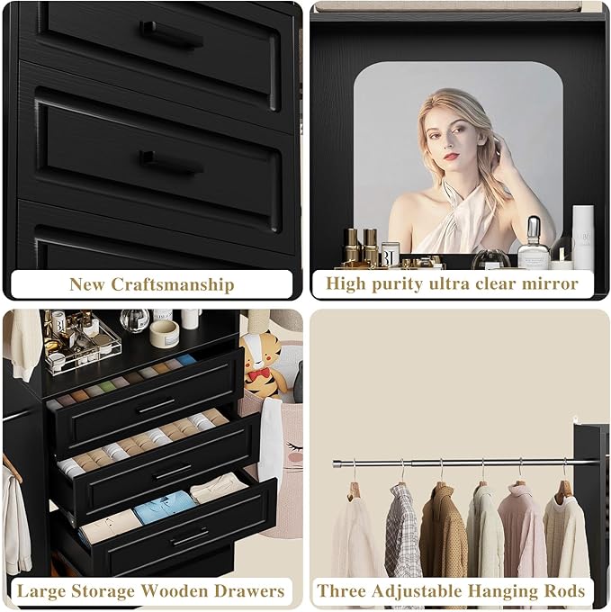 Unikito Closet System with 6 Drawers, 6-14Ft Closet Organizer with Mirror, Walk-in Closet Organizer Wardrobe Clothes Rack with 3 Hanging Rods, Sturdy Wood Clothing Garment Rack with Tower, Black