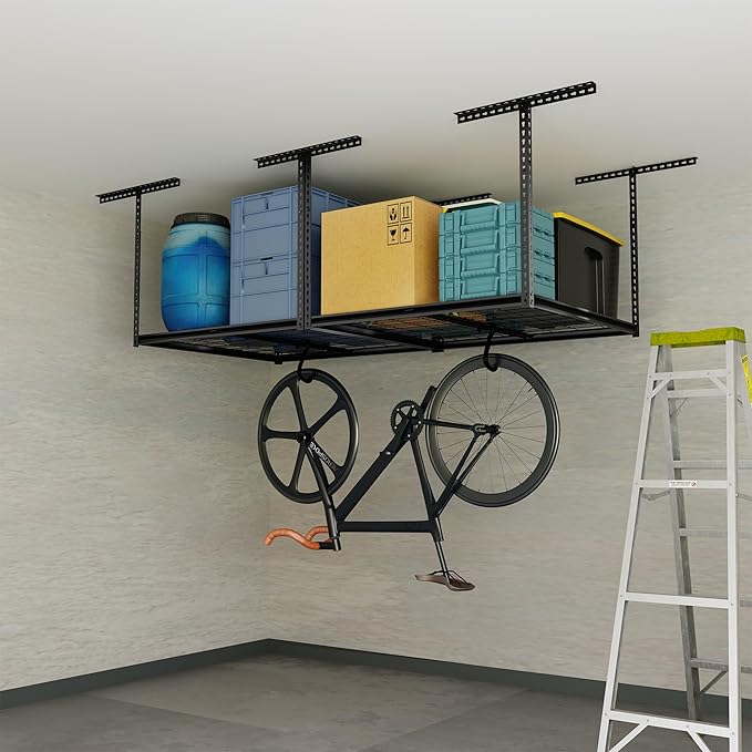 The Atlas 4 x 8 ft Adjustable Height Overhead Garage Storage Rack 900 lbs Heavy Duty Capacity Hammertone Finish