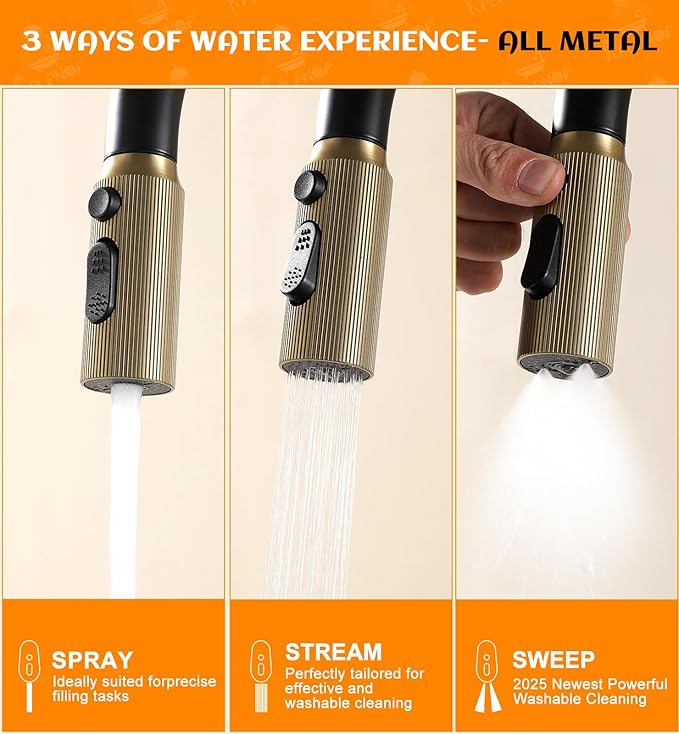 Black and Gold Kitchen Faucet- High Arc Single Handle Stainless Steel Sink Faucet with Pull Down Sprayer- 3 Spray Mode, 1.8 GPM High Flow fit for 1/3 Hole with 10" Deck Plate