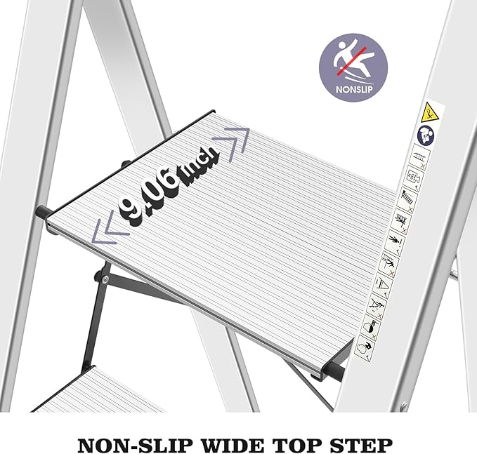 KINGRACK Aluminium 4 Step Ladder, Lightweight Step Stool with Non-Slip Pedals, Handrail, Foldable Step Ladder for Kitchen, Garage, Home, Space Saving, Sturdy and Portable, Silver