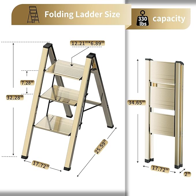 3 Step Lightweight Folding Ladder for Home, 330lbs Aluminum Step Ladder Anti-Slip for Kitchen, Step Stool Foldable Adults for Closet, 330lbs - Champagne Gold