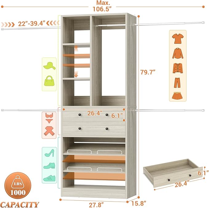 Closet System, 4.2–8.8 FT Closet Organizer with 2 Wooden Drawers and Shelves, Walk-in Closet System with 5 Hang Rods, Built-in Reach in Closet Tower, Can Fit 60 to 96 inch, Greige Oak