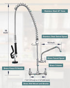 36" Height Commercial Faucet Wall Mount with Sprayer 8" Adjustable Center 10" Swing Spout, Kitchen Sink Faucet with Pull Down Pre-Rinse Sprayer for Restaurant Industrial Kitchen, Chrome