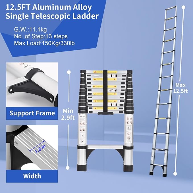 JADDUO 12.5FT Telescoping Ladder Aluminum Lightweight Extension Ladder with 2 Triangle Stabilizers Compact Collapsible Ladder for Travel, Home & RV