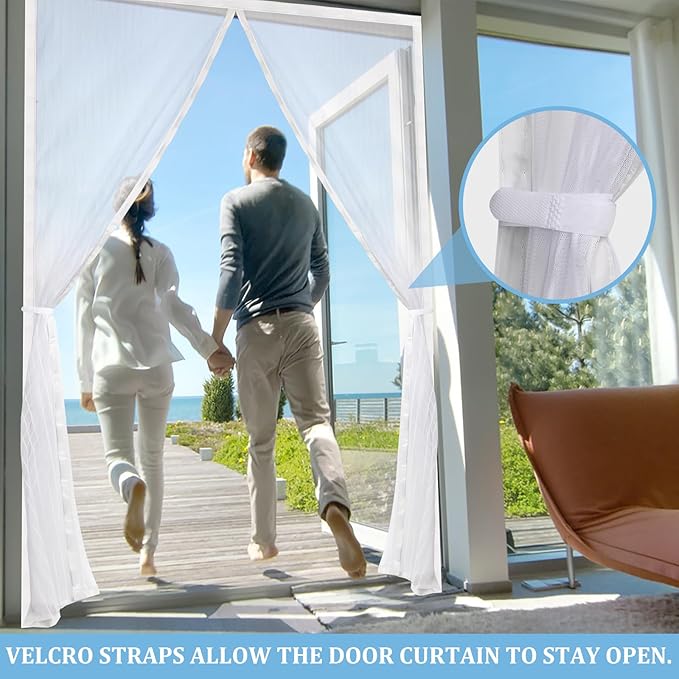 Magnetic Screen Door - Self Sealing, Heavy Duty, Hands Free Mesh Partition Keeps Bugs Out Let Breeze in- Pet and Kid Friendly - Keep Open Feature (White, Fit Door Size 30 x 80 Inch)
