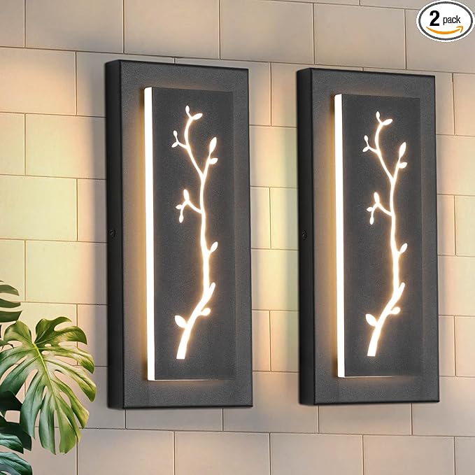 tewei LED Outdoor Wall Sconce, 15.7'' Black Outdoor Front Porch Lights Modern Exterior Lighting Fixtures, LED Exterior Wall Sconce for House, Hallway, Warm White 3000K, 2 Pack