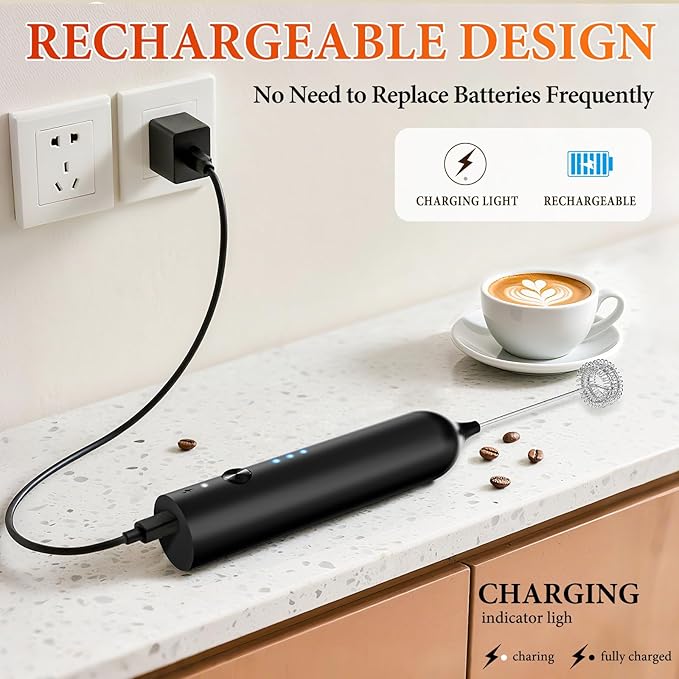 Milk Frother, Rechargeable & Handheld Frother Wand with stand, 3 Speed Adjustable Drink Mixer With 2 Stainless Whisks for Coffee, Matcha, Cappuccino, Egg, Electric Whisk Foam Maker (Black)