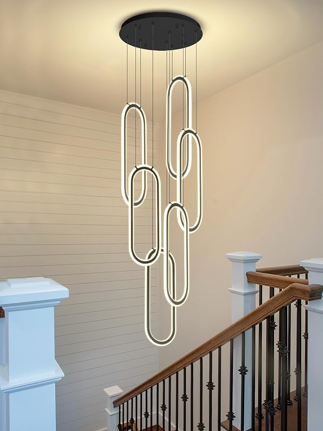 Flashing God Modern Chandelier,Black Chandeliers with 6 Ring Led Foyer Chandeliers,Larger High Ceiling Chandelier for Living Room,Rectangle Chandelier for Entryway Staircase LED Dimming 2700k-6000k