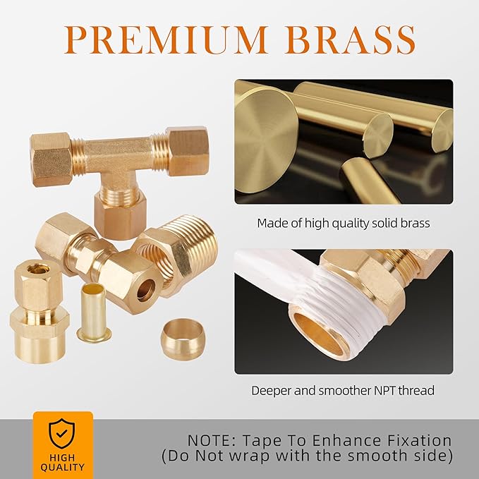 101Pcs Brass Compression Tube Pipe Fittings, Air Nylon Tubing Fittings Assortment Kits 1/4" 1/8" 3/8" 1/2" 5/8" Union/Tee/Elbow/Straight Connector for Industrial Use or Trucks Trailers