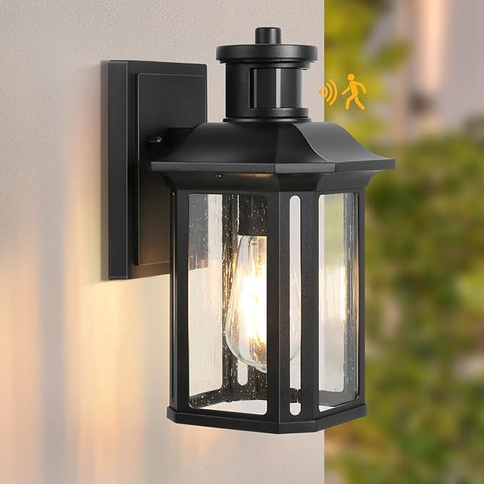 Motion Sensor Outdoor Wall Light, 3 Adjustable Lighting Modes Porch Lights, Dusk to Dawn Black Exterior Light Fixtures, Waterproof Outside Wall Lantern Sconce for House, Garage, Bulb Included