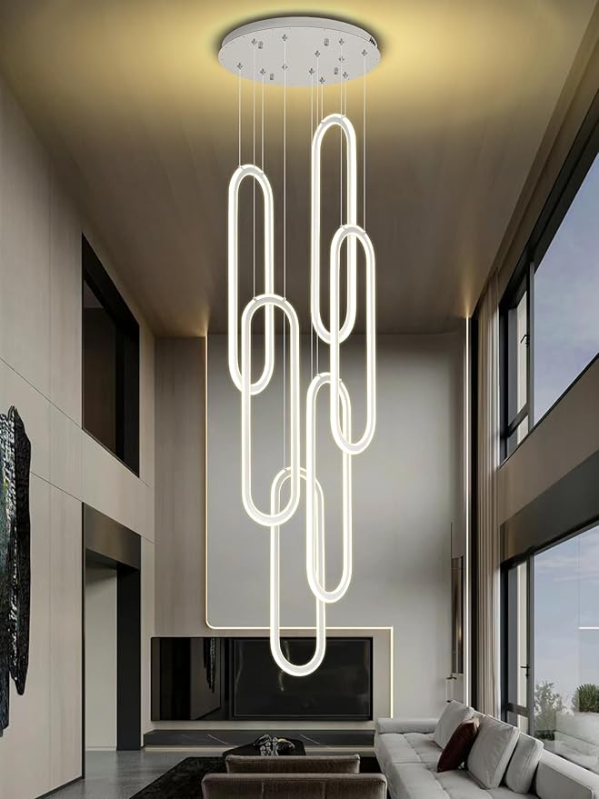Flashing God H118 Modern Chandelier 6-Rings Contemporary Chandelier for High Ceiling Led Dimmable Large Pendant Lighting Chrome Ring Chandeliers for Villa Foyer Entrance Living Room