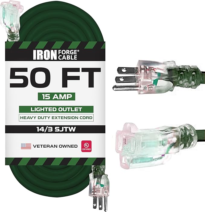 Iron Forge Cable Weatherproof 50 Ft Outdoor Extension Cord - 14/3 SJTW 15 Amp Heavy Duty Green Extension Cord 3 Prong - Lighted End