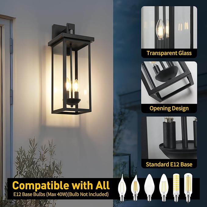 tewei 1 Pack Large Size Outdoor Wall Lights Exterior Wall Light Fixture, 22 Inch Matte Black Porch Light Waterproof Outdoor Lights for House with Clear Glass Shade, Exterior Wall Sconces for Garage