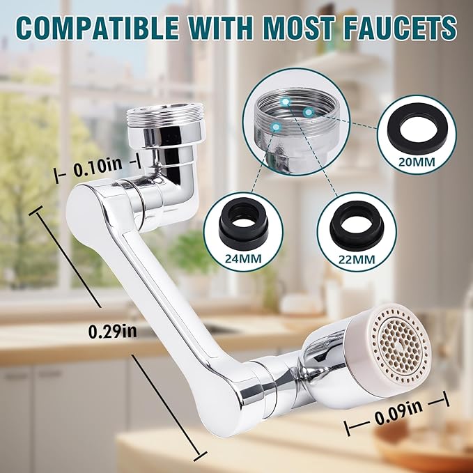 1080° Swivel Tap Extension, Swivel Robot Arm Bathroom Tap Extension, Kitchen Swivel Extension Filter with 2 Mode Splash Proofing (Long arm extender, Silver coloured)