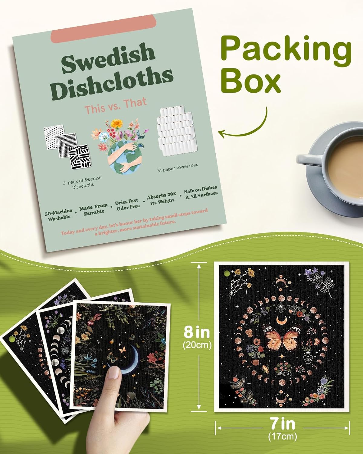 6 Pack Swedish Dishcloths for Kitchen - Reusable Dish Cloths for Washing Dishes Absorbent Cute Funny Kitchen Towels Cleaning Sponge, Moon Butterfly