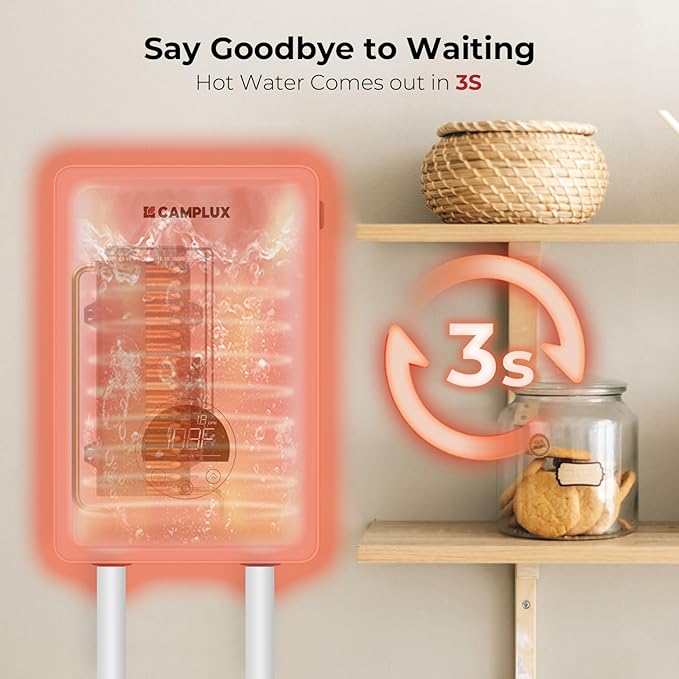 CAMPLUX Tankless Water Heater Electric 6kW at 240 Volts, Point of Use Instant Hot Water Heater CSA Approved with Temperature Display, Under Sink Self Modulating Technology, White