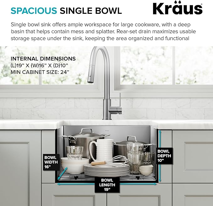 Kraus KHU101-21 Standart PRO 16 Gauge Undermount Single Bowl Set (4 Item Bundle: Sink, Bottom Grid, Drain Assembly, Kitchen Towel), 21 Inch, Stainless Steel