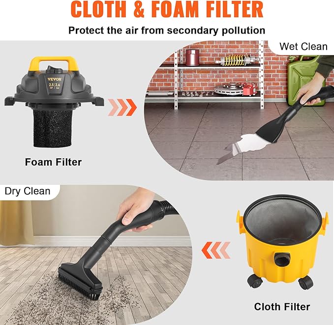 VEVOR Shop Vac Wet and Dry Vacuum Cleaner 2.6 Gallon 2.5 Peak HP - Powerful Suction with Blower Function & Attachments 3-in-1 Crevice Nozzle - Perfect for Car Carpet Debris Pet Hair Black/Yellow