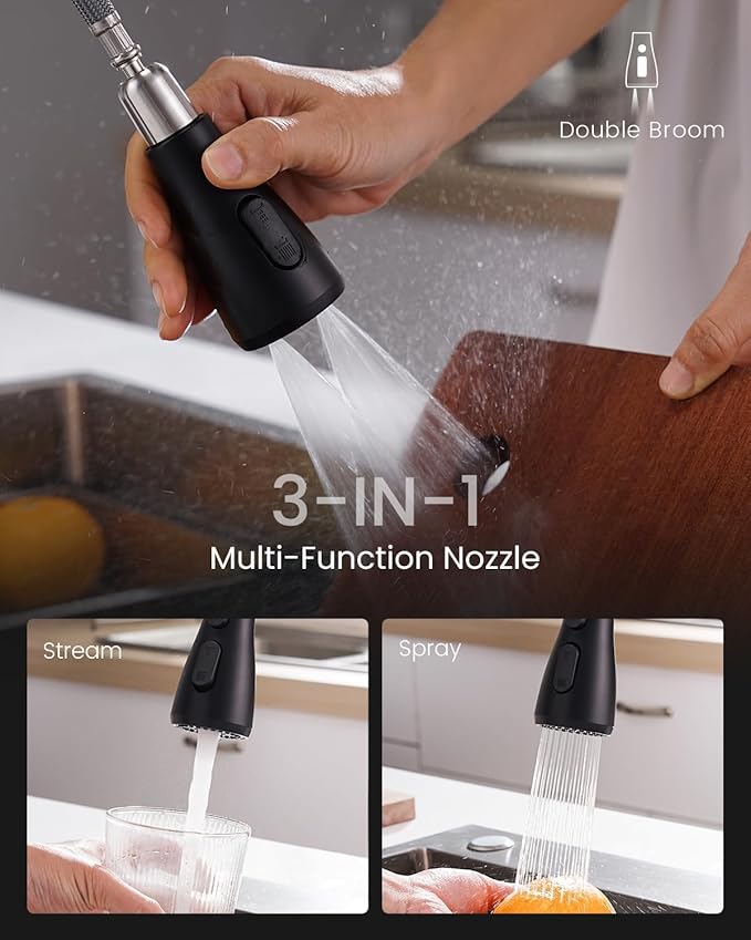 APPASO 3 Hole Kitchen Faucet, Matte Black Kitchen Faucet with Soap Dispenser and Pull Down Sprayer 3 Modes, Stainless Steel High Arch Kitchen Sink Faucet with Separate Handle 3 Pieces