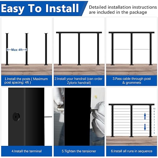 36" Expandable 12-16FT Black T304 Cable Railing Post Kit, Complete Cable Railing System with 4 Level Posts & 177ft 1/8" Wire Rope(No Handrail), Adjustable Length Easy DIY for Decks/Porch