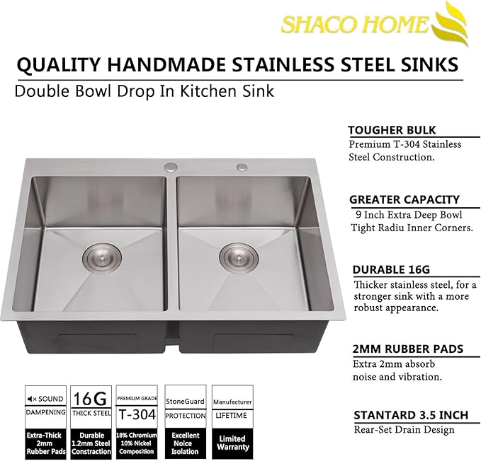 SHACO 33x22 Inch 50/50 Double Bowl Drop In Kitchen Sink 16 Gauge 33 Inch Stainless Steel Kitchen Sink Top Mount with Grid and Accessories