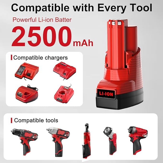 Mrupoo 12V 2500mAh Replacement Battery Compatible with Milwaukee 2500mAh Power Tools Red