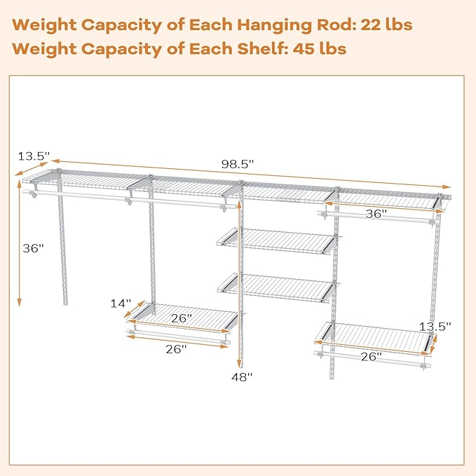 Giantex Closet Organizer System, Wall-mounted Custom Closet Kit w/Adjustable Storage Shelves, Wardrobe Clothes Rack w/Hanging Rods, Perfect for Coats, Pillows, Blanket (White, 98.5"x13.5"x48)