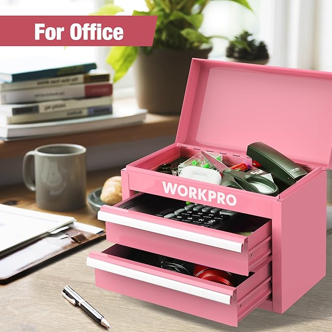 WORKPRO Mini Metal Tool Box with 2 Drawers and Top Storage, Small Tool Chest with PVC Liners and PP Feet Pads, Cold Rolled Steel Toolbox with Magnetic Tab - Pink Ribbon