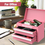WORKPRO Mini Metal Tool Box with 2 Drawers and Top Storage, Small Tool Chest with PVC Liners and PP Feet Pads, Cold Rolled Steel Toolbox with Magnetic Tab - Pink Ribbon