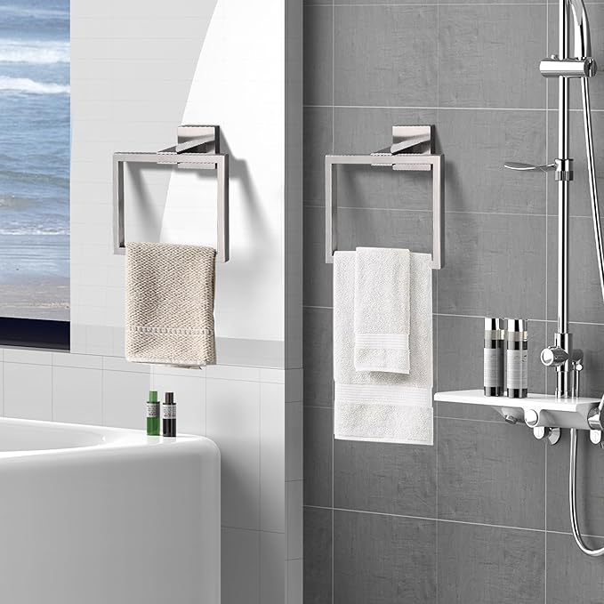 LANC Hand Towel Rings for Bathroom Wall Mount Brushed Finished Square Hand Towel Holder for Kitchen Towel Holder Lavatory SUS304 Stainless Steel Contemporary Style Shower Towel Racks Hanger, A8896BN