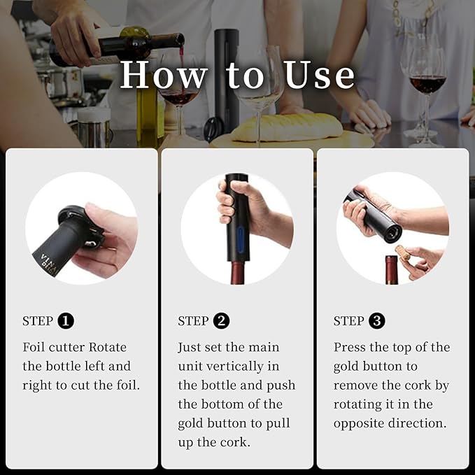 Electric Wine Opener 4-in-1 Gift Set, Vacuum Wine Stopper, Wine Pourer, Foil Cutter, Corkscrew, Battery Operated, Wine Cap, Wine Aerator, Easy Wine Cork Removal to Storage(SGS)