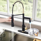 Smart Kitchen Faucet, 3 Modes Pull Down Sprayer, LED Temperature Control, Ceramic Valve,360-Degree Rotation,1 or 3 Hole Deck Plate, Double Spout. 10-Year Warranty. (KW-21RK, Gold/Black)