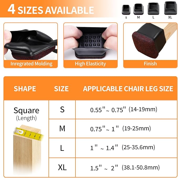 Ezprotekt 24 Pcs Square Chair Leg Floor Protectors for Hardwood Floors, Silicone Felt Furniture Pads, Table Chair Leg Cups Covers, Bar Stools Leg Protectors Caps (XL Fit: 1.5" - 2", Black)