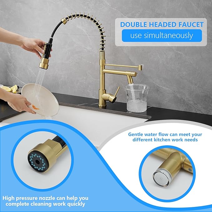 Gold Kitchen Faucet with Sprayer AIMADI,Modern Single Handle Spring Gold Kitchen Sink Faucet