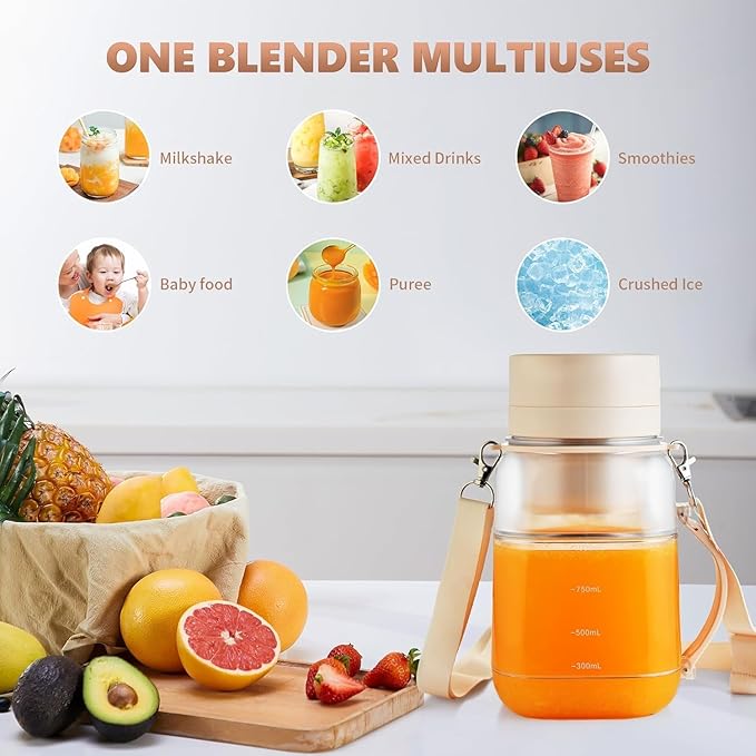 Portable Blender,FOUSIUTIM Personal Blenders for Shakes and Smoothies with34oz Cup, Lid and Shoulder Strap, Type-C USB Rechargeable, Personal Size Blenders BPA-free for Home，Gym/Travel