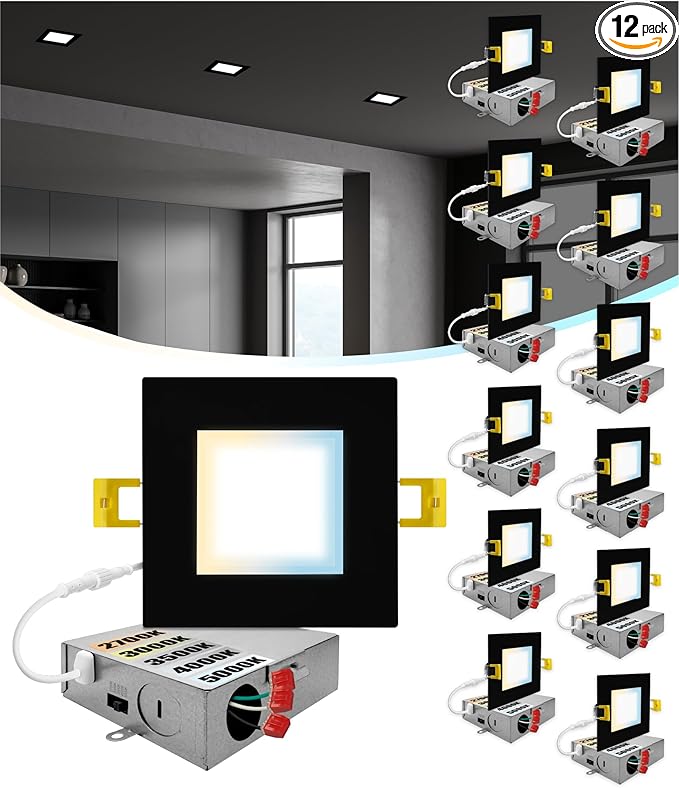 NUWATT 12 Pack 4 Inch Square Ultra-Thin LED Recessed Lighting, Selectable 2700K/3000K/3500K/4000K/5000K, 630 Lumens Dimmable, IC Rated, Black Slim Panel Light, Canless Wafer Lights, Metal J-Box