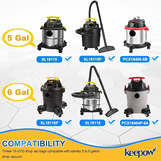 KEEPOW Pack 11(9+2) 19-3100 Shop Vac Bags Fit for Stanley 5-6 Gallon Wet/Dry Vacuums, Disposable Filter Vacuum Bags for Stanley