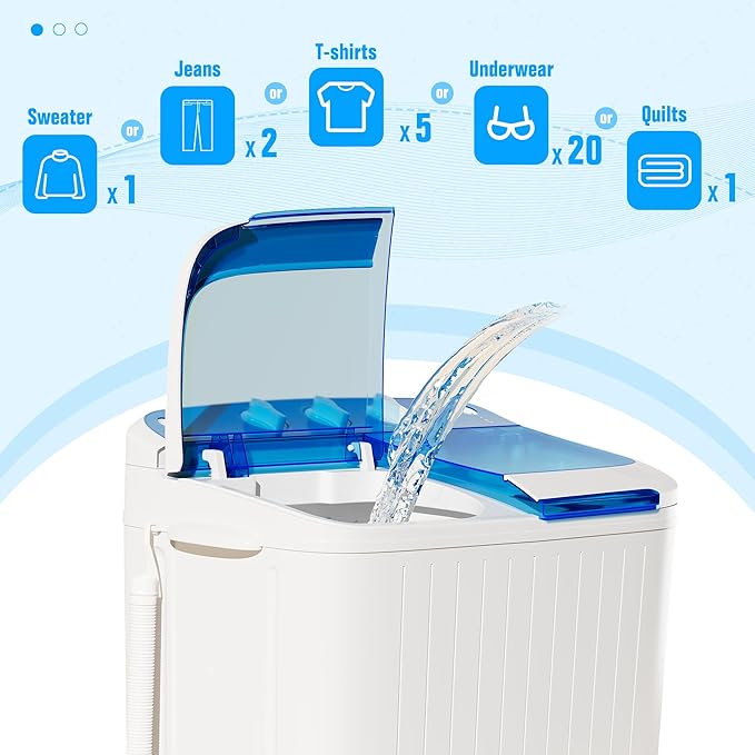 INTERGREAT Portable Washing Machine with Longer Hose, 16lbs Twin Tub Washer Mini Compact Laundry Washing Machine with Drain Pump, Semi-automatic Washer Combo for Dorms, Apartments, Blue