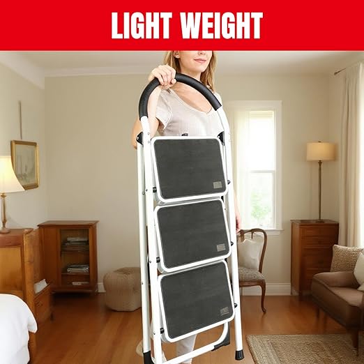 Big RED 3 Step Ladder, Folding Step Stool with Anti-Slip Pedal, Step Ladder 3 Step Folding with Padded Handle for Kitchen, Household, Offices. 400 lb Capacity