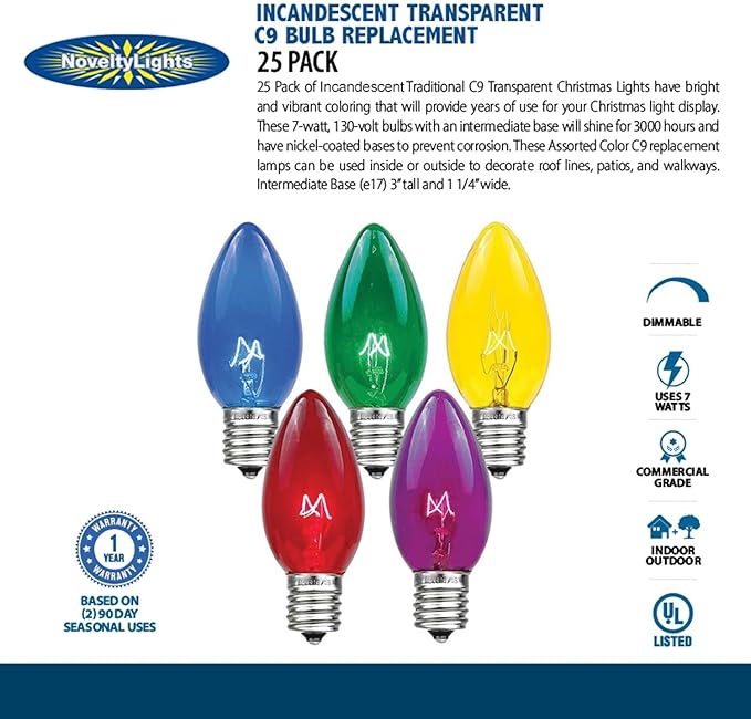 Novelty Lights Incandescent Christmas Replacement Bulbs - Indoor/Outdoor Individual Bulbs for Christmas Tree, Display, & More - C9/E17 Intermediate Base, 7 Watt Lights (Blue, 25 Pack)