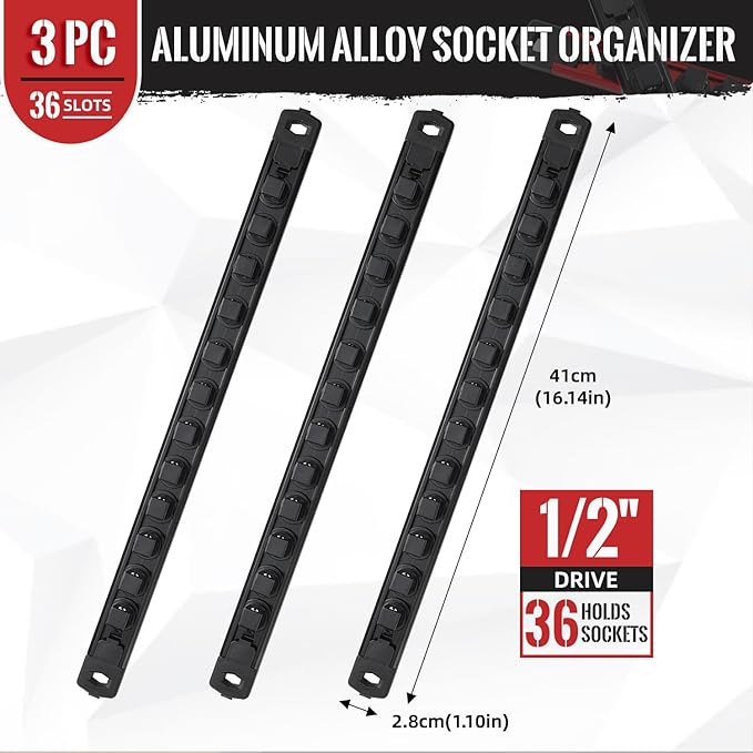 Magnetic Socket Organizer, 3-Piece Heavty Duty Aluminum Socket Holder, Socket Rail for Tool Box, Premium Quality 360° Swivel Socket Rack with 36 Clips for 1/2-Inch(Black)