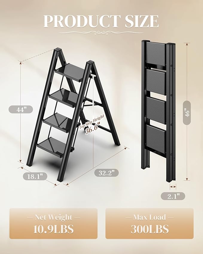 GameGem 4 Step Ladder, Folding Step Stool with Wider Pedal, Anti-Slip Feet & Non Slip Stripes, Aluminum Sturdy Material, 300Lbs Capacity, Elegant Look of Piano Black Better Matches Your Home