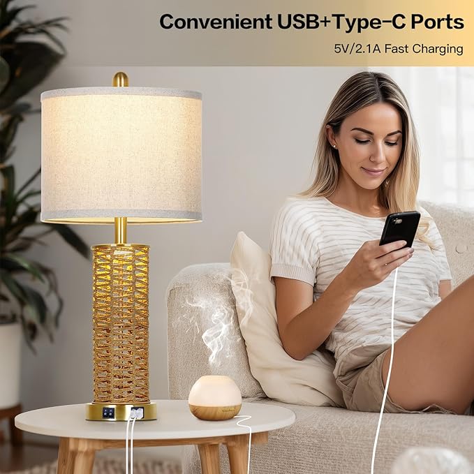 27" Natural Rattan Table Lamps Set of 2, Boho Bedside Lamp for Bedroom with Night Light, Woven Wicker Nightstand Lamps with 2 USB Ports & AC Outlet, Tall Farmhouse Living Room Lamp, Gold