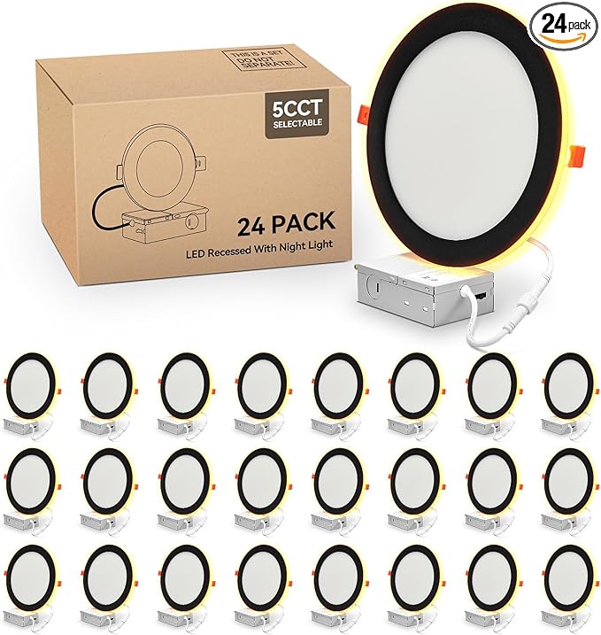 24 Pack 8 Inch Led Recessed Lights with Night Light, Canless Ultra Thin Wafer Soffit Recessed Lighting Downlight, Dimmable & 5 Color Temperature Selectable, 15W, ETL, Black