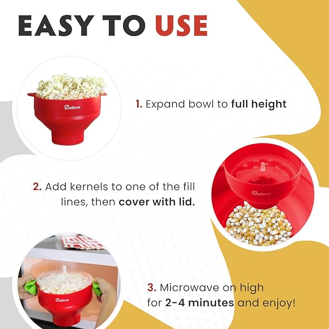 The Original Salbree Collapsible Silicone Microwave Popcorn Popper Maker Machine, Microwavable Bowl Holds 16 Cups, Uses Hot Air and Oil Always Optional - The Most Colors Available (Gray)