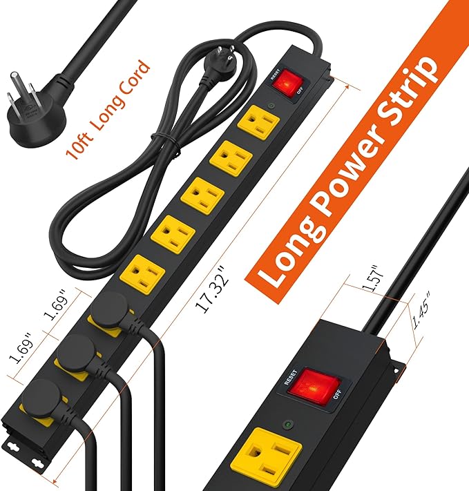 Heavy Duty Surge Protector 8 Outlet Long Power Strip Extension Cord Wide Spaced and Wall Mount Metal Powerstrip for Home Office Workshop Garage (10FT)