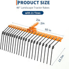 Tow Behind Landscape Rake, 60" Tow Dethatcher with 21 Steel Coil Tines, Lawn Dethatcher Rake Attaches to 48" or 60" Toolbars and 3-Point Suspension Systems, for Leaves, Pine Needles, and Grass, Orange