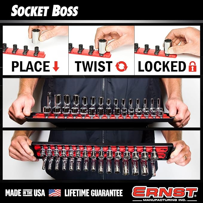 Ernst Mfg. 8493 RD Socket BOSS Tray High-Density System with (2) Red 13" Socket Rail + (28) Twist Lock Clips, 3/8" Drive - Made in USA